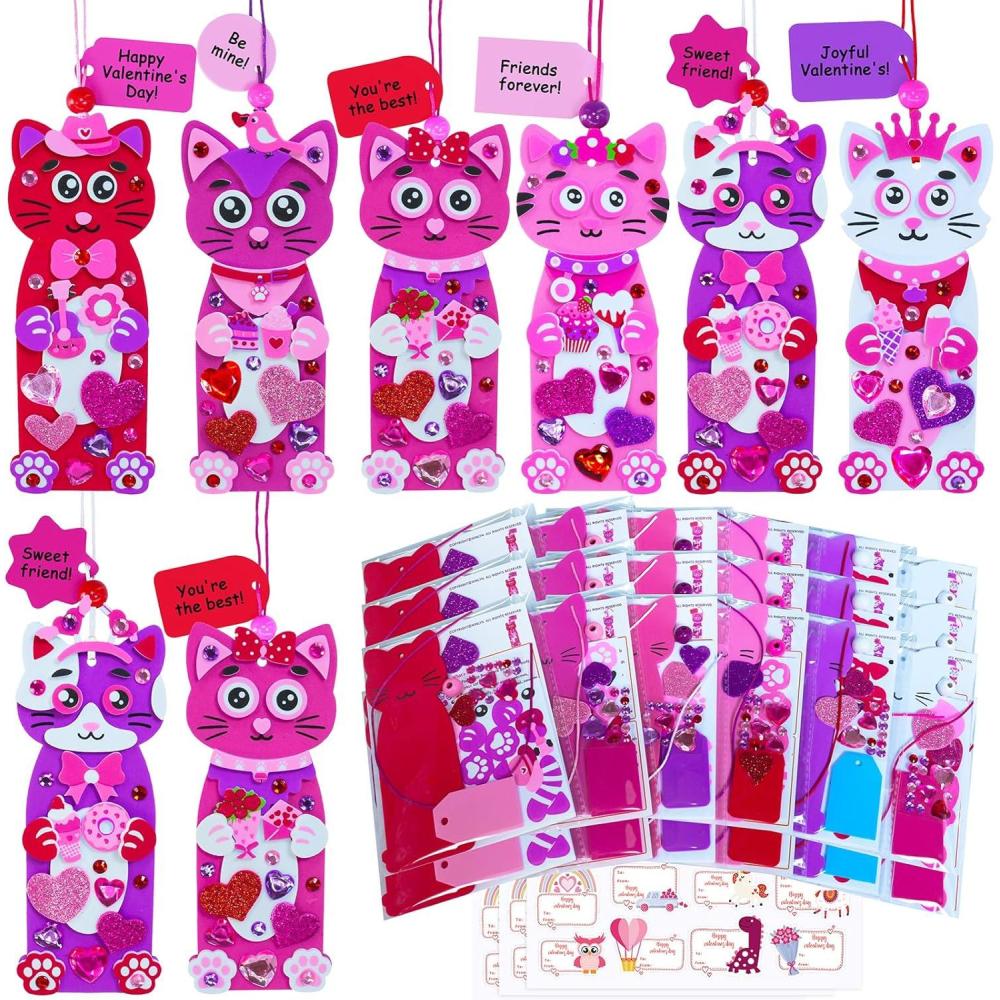 imageWinlyn 24 Sets Valentines Day Decorations DIY Heart Cat Ornament Bookmark Valentine Craft Kits Blank Foam Bookmark with Heart Foam Stickers for Kids Classroom Activities Party Favors Gift Exchange