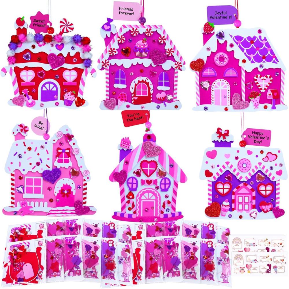 imageWinlyn 24 Sets Valentines Day Decorations DIY Heart House Ornaments Valentine Craft Kits Blank Foam House with Valentine Heart Foam Stickers for Kids Classroom Activities Party Favors Gift Exchange