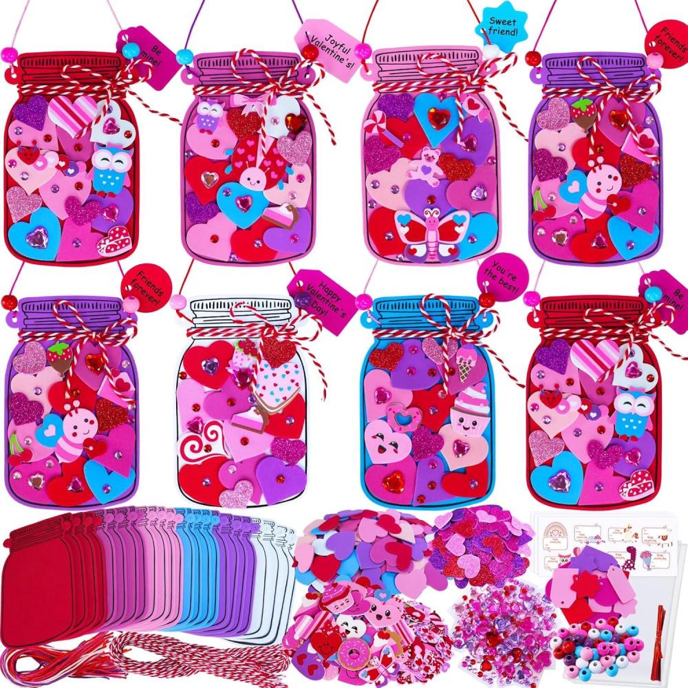 imageWinlyn 24 Sets Valentines Day Decorations DIY Heart Mason Jar Ornaments Valentine Craft Kits Blank Foam Mason Jar with Valentine Foam Stickers for Kids Classroom Activities Party Favors Gift Exchange