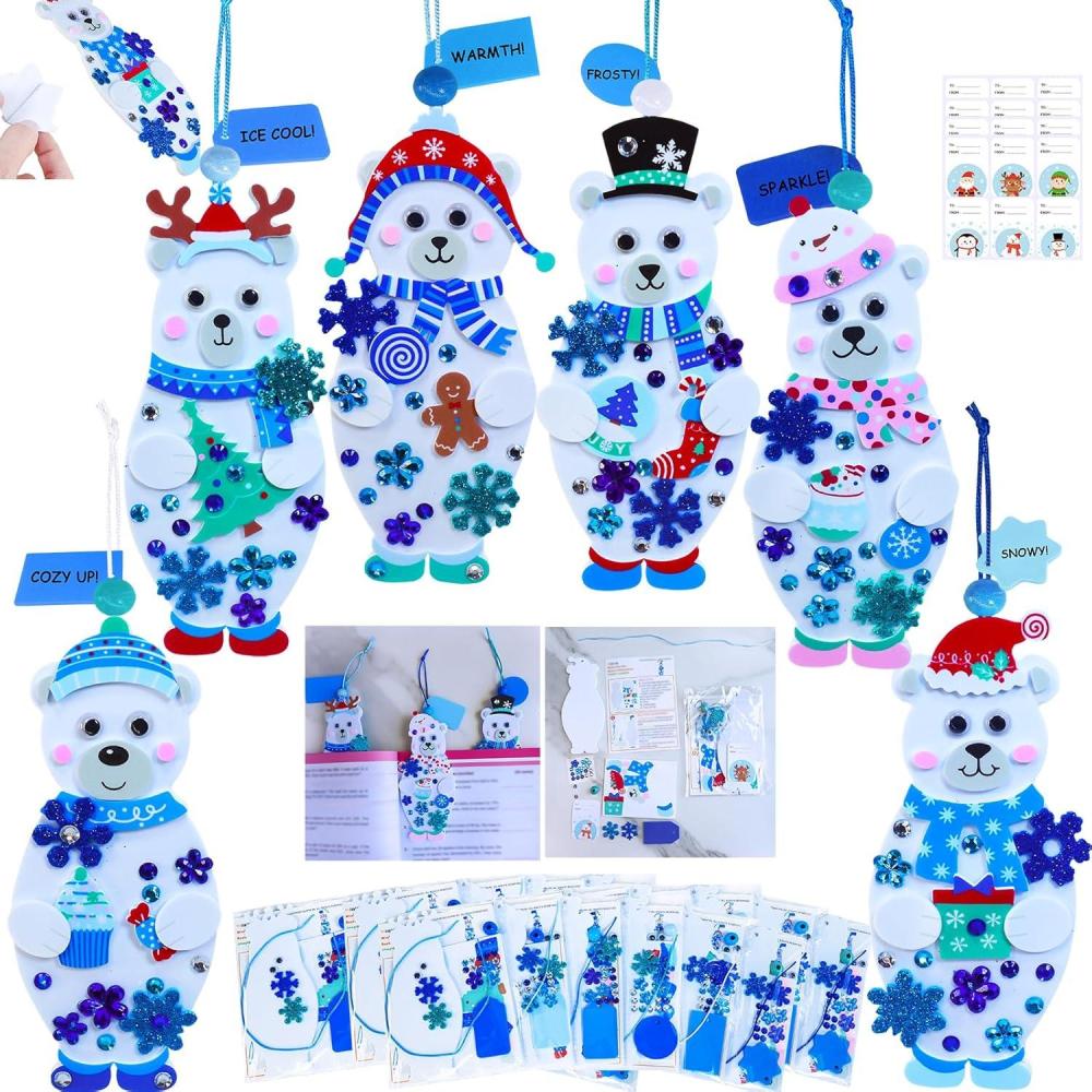 imageWinlyn 24 Sets Winter Decorations DIY Polar Bear Ornament Bookmark Christmas Craft Kits Foam Polar Bear Bookmark with Festive Snowflake Foam Stickers for Kids Holiday Classroom Activities Party Favors