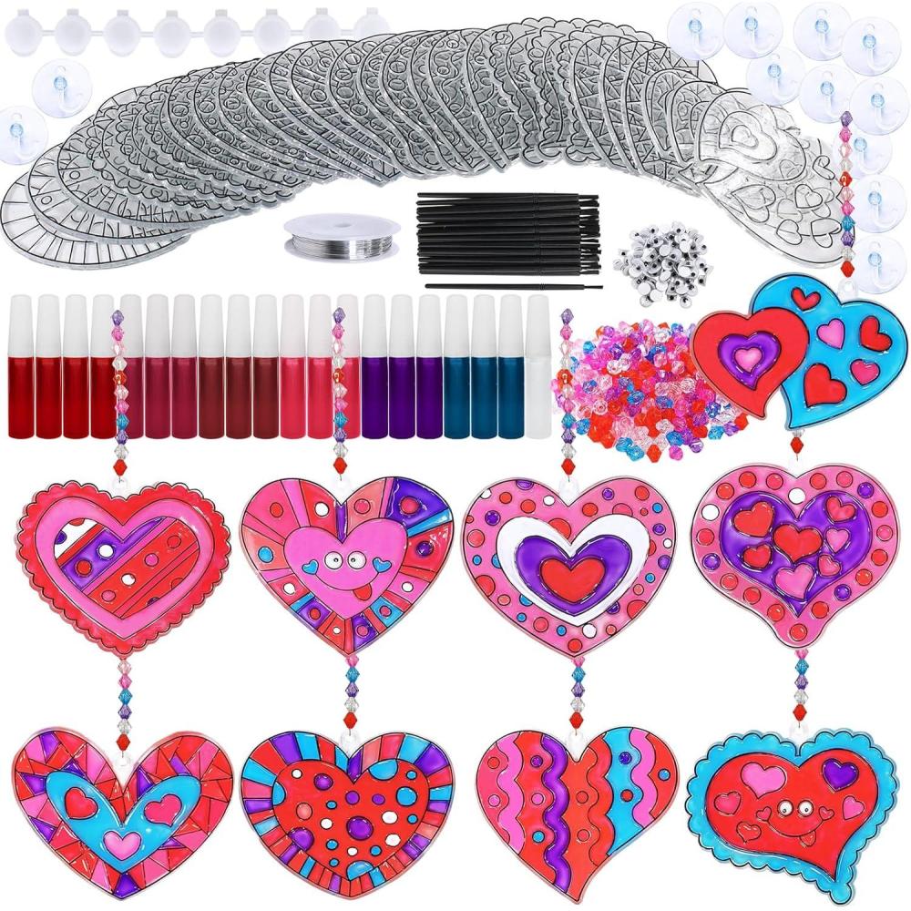 imageWinlyn 27 Sets Heart Suncatchers Ornaments Decoration DIY Window Paint Art Stickers Craft Kit Heart Sun Catchers for Kids Mothers Day Gift Valentines Day Classroom Art Project Party Favors