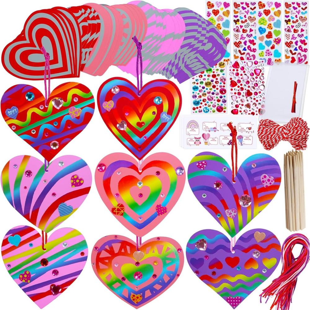imageWinlyn 32 Sets Colorful Magic Color Scratch Valentine Hearts Ornaments Decorations Valentine Scratch Art Hearts Valentines Day Craft Kits for Kids Classroom Activities Party Favors Gift Exchange