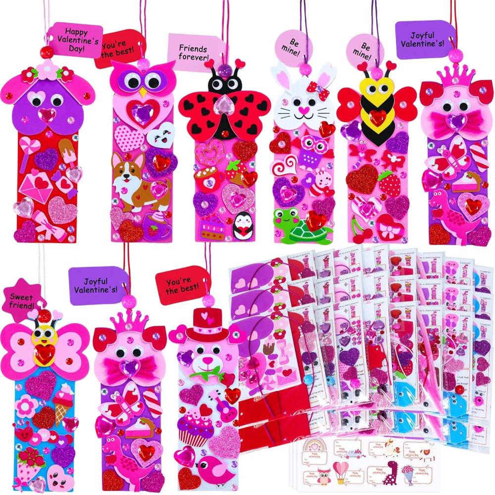 imageWinlyn 32 Sets Valentines Day Decorations DIY Heart Animal Bookmarks Valentine Craft Kits Blank Foam Bookmarks with Hearts Stickers for Kids Classroom Activities Reading Party Favors Gift Exchange
