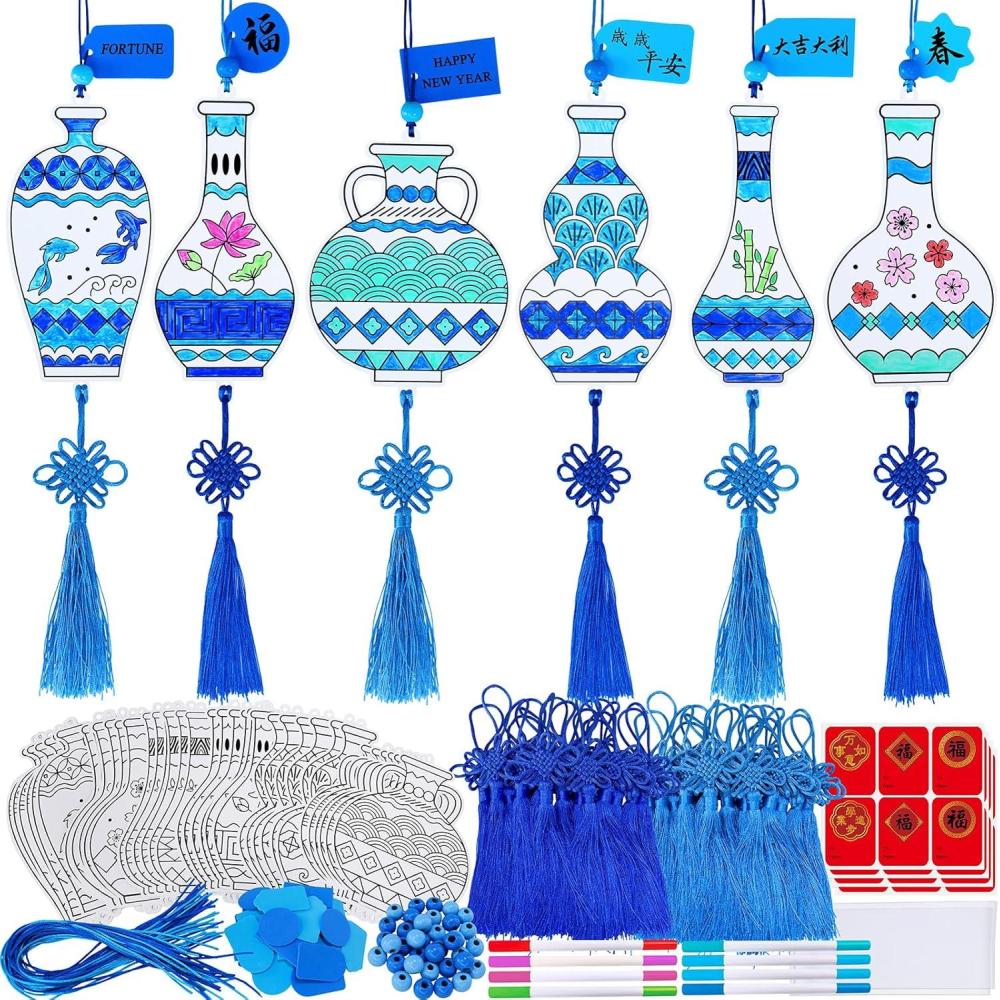 imageWinlyn 36 Sets Chinese New Year Decorations DIY Chinese Ming Vase Ornaments Craft Kits Paintable Paper Blue and White Ming Vase Crafts for Kids Asian Classroom Activities Art Project Party Favors