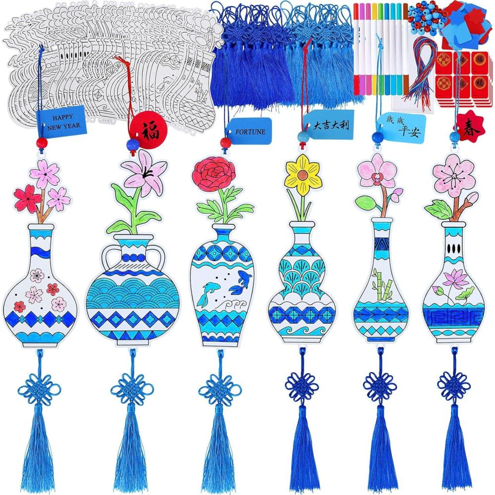 imageWinlyn 36 Sets Chinese New Year Decorations DIY Chinese Ming Vase with Flower Ornaments Craft Kits Paintable Paper Blue and White Ming Vase Crafts for Kids Asian Classroom Activities Party Favors