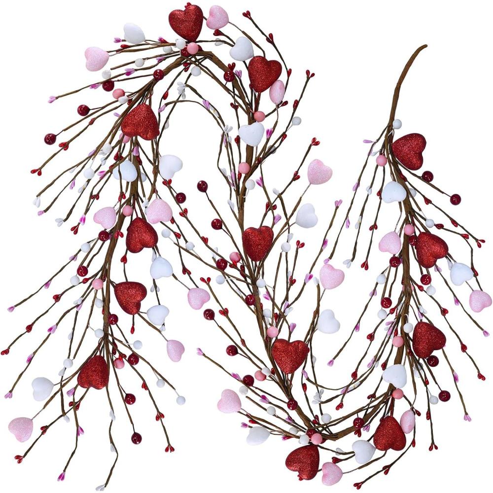 imageWinlyn 52 Valentines Day Garland Red Heart and Berry Burgundy Berry Pip Artificial Garland Decorations for Spring Wedding Valentine Fireplace Mantel Table Dcor RedGlitter Redpinkwhite