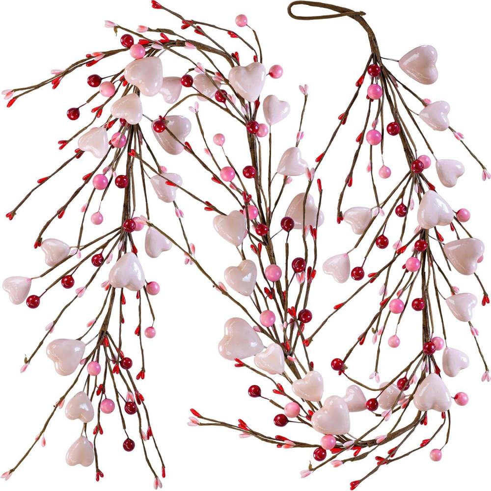 imageWinlyn 52 Valentines Day Garland Red Heart and Berry Burgundy Berry Pip Artificial Garland Decorations for Spring Wedding Valentine Fireplace Mantel Table Dcor RedPink