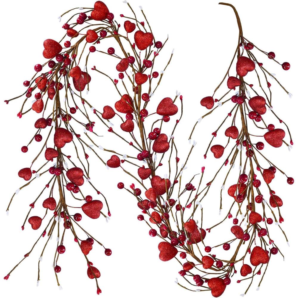 imageWinlyn 52 Valentines Day Garland Red Heart and Berry Burgundy Berry Pip Artificial Garland Decorations for Spring Wedding Valentine Fireplace Mantel Table Dcor RedGlitter Red