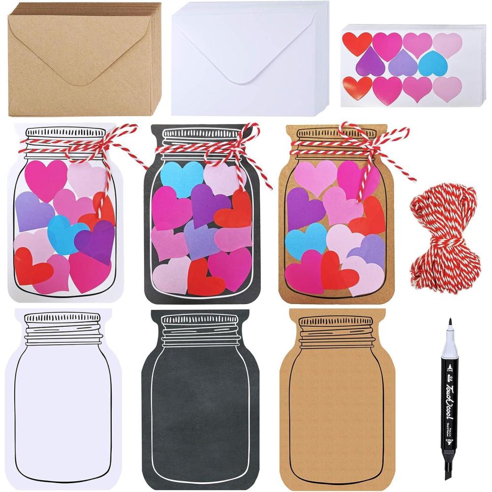 imageWinlyn 60 Sets DIY Paper Heart in Jar Cards and Envelopes Stickers 3 Styles of Blank Diecut Jar Cardstock Note Cards with Assorted Love Hearts Stickers for Mothers Day Valentines Day Greeting