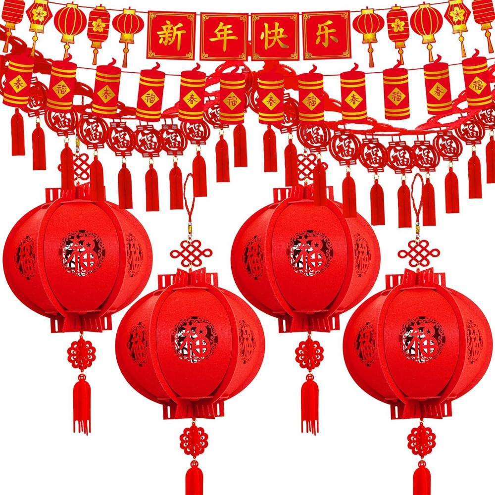 imageWinlyn 7 Set Chinese New Year Party Decorations Chinese Red Lanterns Lucky Garland Good Luck Garland Decorative Chinese Red Hanging Garlands for Asian Chinese Lunar New Year Spring Festival Dcor