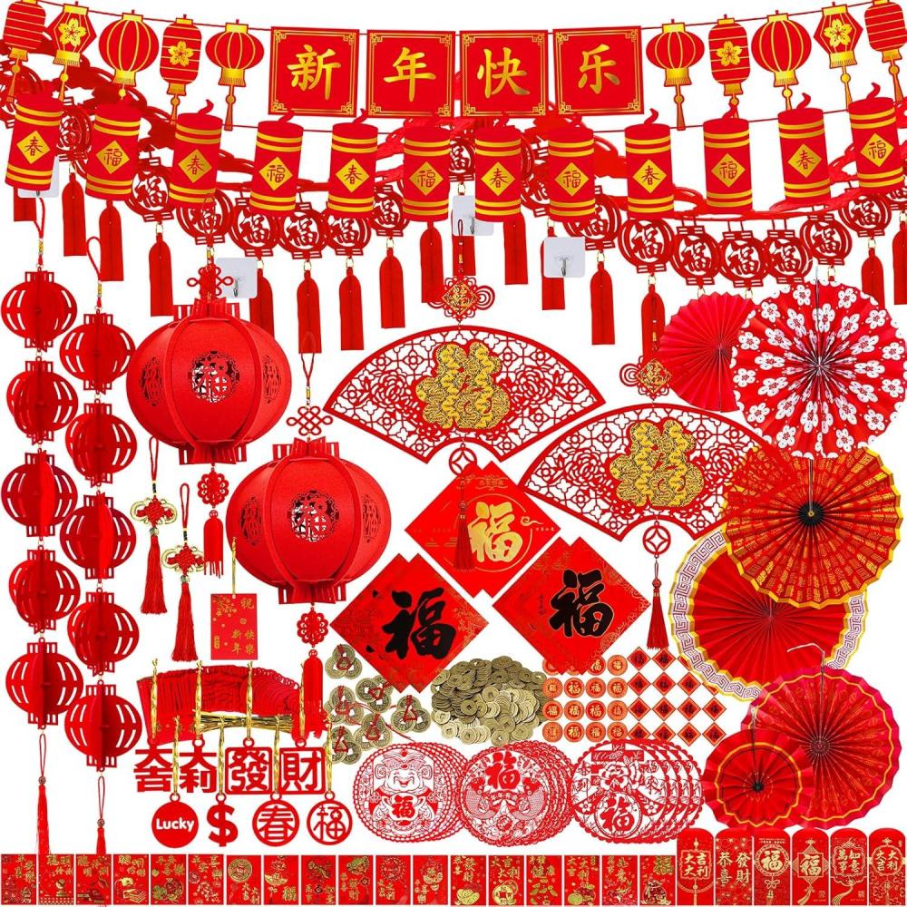 imageWinlyn Chinese New Year Party Decorations Red Lanterns Paper Fans Red Envelopes Hong Bao Coins Oriental Good Luck Garland Chinese Knot Tassel FU Paper Cutting for Asian Lunar New Year 2026 Decor