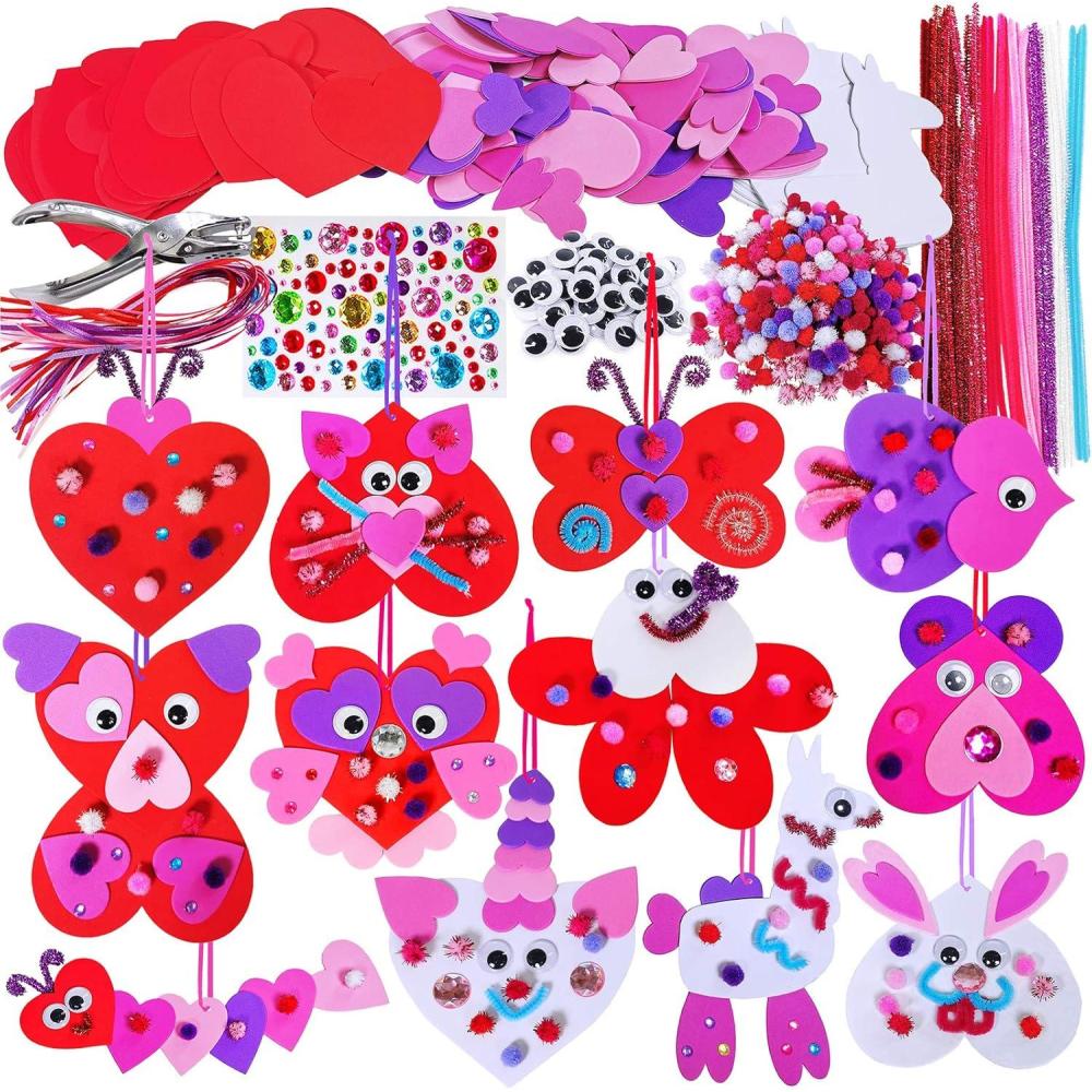 imageWinlyn Craft Kit 24 Sets Valentines Day Animal Ornaments DIY Heart Crafts Stickers Art Sets for Kids Party Classroom Activities Gift Exchange