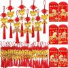 Winlyn 24 Pcs Chinese Lunar New Year Good Luck Fortune Ornaments Decorations Red Chinese Knot Tassel Ornaments and 24 Pcs Red Envelopes for Wealth Health Success Oriental Asian 2026 Year of The Horse