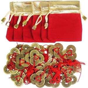 Supla 30 Pcs Chinese Lucky Coins Good Fortune Coins Good Luck Ornaments Decorations 3 Brass Coins Knotted with Red Ribbon and Lucky Bags for Wealth Health Success Asian Lunar Chinese New Year 2026