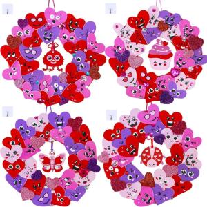 Winlyn 12 Sets Valentine’s Day Craft Kits Heart Crafts DIY Heart Wreath Ornaments Decorations Art Sets Foam Smile Heart Stickers for Kids Valentine’s Day Party Classroom Activities Gift Exchange