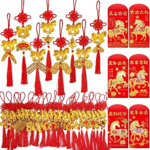 Winlyn 24 Pcs Chinese Lunar New Year Good Luck Fortune Ornaments Decorations Red Chinese Knot Tassel Ornaments and 24 Pcs Red Envelopes for Wealth Health Success Oriental Asian 2026 Year of The Horse