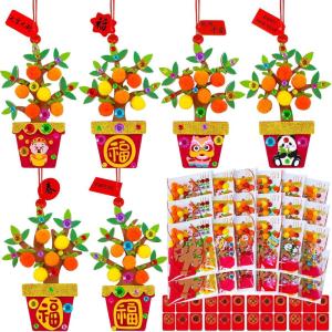 Winlyn 24 Sets Chinese New Year Decorations DIY Potted Orange Tree Money Tree Ornaments Craft Kits Foam Stickers Arts Crafts for Kids 2026 Horse Year Classroom Activities Party Favors Gift Exchange