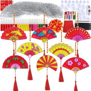 Winlyn 24 Sets Chinese New Year Fan Suncatcher Ornaments Decorations DIY Window Paint Art Craft Kits Sun Catchers Painting Kits for Kids Classroom Activities Lunar New Year Art Project Party Favors