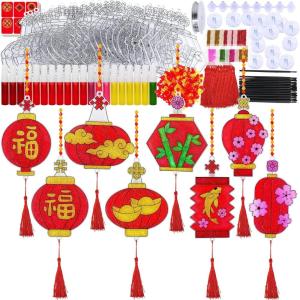 Winlyn 24 Sets Chinese New Year Lantern Suncatcher Ornaments Decorations DIY Window Paint Art Craft Kits Red Lantern Painting Kits for Kids Classroom Activities Lunar New Year Art Project Party Favors