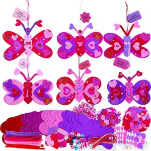 Winlyn 24 Sets Valentine’s Day Decorations DIY Heart Butterfly Ornaments Valentine Craft Kits Blank Foam Butterfly with Hearts Foam Stickers for Kids Classroom Activities Party Favors Gift Exchange