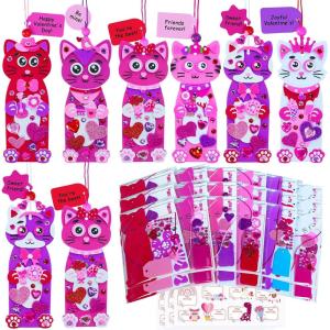Winlyn 24 Sets Valentine’s Day Decorations DIY Heart Cat Ornament Bookmark Valentine Craft Kits Blank Foam Bookmark with Heart Foam Stickers for Kids Classroom Activities Party Favors Gift Exchange