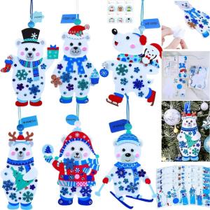 Winlyn 24 Sets Winter Decorations DIY Polar Bear Ornaments Christmas Craft Kits Foam Polar Bear with Snowflake Foam Stickers for Kids Holiday Seasonal Gift Home Classroom Activities Party Favors