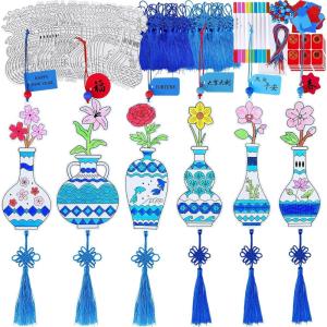 Winlyn 36 Sets Chinese New Year Decorations DIY Chinese Ming Vase with Flower Ornaments Craft Kits Paintable Paper Blue and White Ming Vase Crafts for Kids Asian Classroom Activities Party Favors