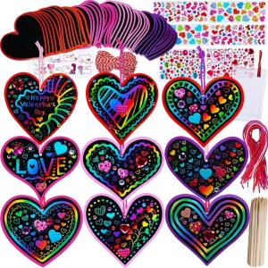 Winlyn 45 Sets 9 Styles Magic Color Scratch Black Valentine Heart Ornaments Decorations Valentine Scratch Art Heart Valentine’s Day Craft Kits for Kids Classroom Activities Party Favors Gift Exchange
