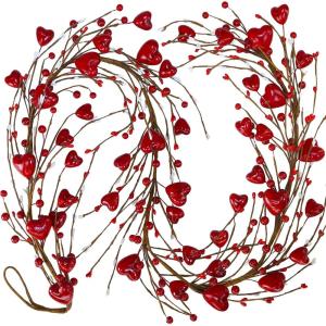 Winlyn 5.2′ Valentine’s Day Garland Red Heart and Berry Burgundy Berry Pip Artificial Garland Decorations for Spring Wedding Valentine Fireplace Mantel Table Décor (Red)(Red)