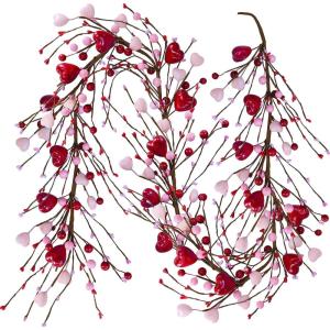 Winlyn 5.2′ Valentine’s Day Garland Red Heart and Berry Burgundy Berry Pip Artificial Garland Decorations for Spring Wedding Valentine Fireplace Mantel Table Décor (Red)(Red Pink)