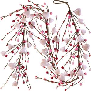 Winlyn 5.2′ Valentine’s Day Garland Red Heart and Berry Burgundy Berry Pip Artificial Garland Decorations for Spring Wedding Valentine Fireplace Mantel Table Décor (Red)(Pink)