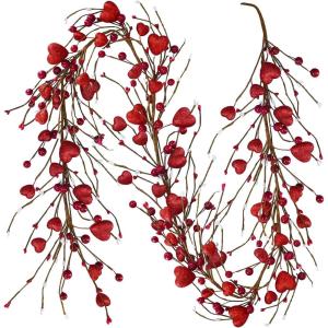 Winlyn 5.2′ Valentine’s Day Garland Red Heart and Berry Burgundy Berry Pip Artificial Garland Decorations for Spring Wedding Valentine Fireplace Mantel Table Décor (Red)(Glitter Red)