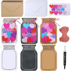 Winlyn 60 Sets DIY Paper Heart in Jar Cards and Envelopes Stickers 3 Styles of Blank Die-cut Jar Cardstock Note Cards with Assorted Love Hearts Stickers for Mother’s Day Valentine’s Day Greeting