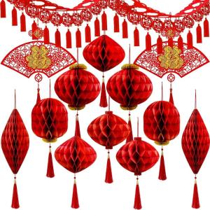 Winlyn Chinese New Year Decorations Set Red Paper Lanterns with Tassels Lucky Fu Ornaments Hanging Fans Good Luck Garlands for 2026 Spring Festival Lunar New Year Home Party Wedding Holiday Decor