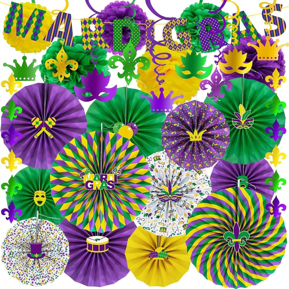 imageWinlyn 30 Pcs Mardi Gras Party Decorations Purple Green Yellow Banners Fans Cutouts Swirls PomPoms for Mardi Gras New Orleans Bachelorette Party Backdrop Decor