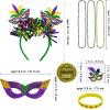 Winlyn 128 Pcs Mardi Gras Accessories Set Bulk Party Favors Supplies Mardi Gras Beads Necklaces Coins Head Boppers Bracelets Tattoos Purple Green Gold for Mardi Gras Masquerade Parade Décor