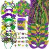 Winlyn 128 Pcs Mardi Gras Accessories Set Bulk Party Favors Supplies Mardi Gras Beads Necklaces Coins Head Boppers Bracelets Tattoos Purple Green Gold for Mardi Gras Masquerade Parade Décor