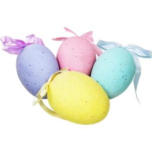 4 Pcs Large Foam Easter Egg Ornaments Decorative Pastel Speckled Easter Eggs with Bows Hanging Easter Tree Ornaments for Easter Tree Wreath Spring Home Indoor Decor Basket Filler Party Favor Gift