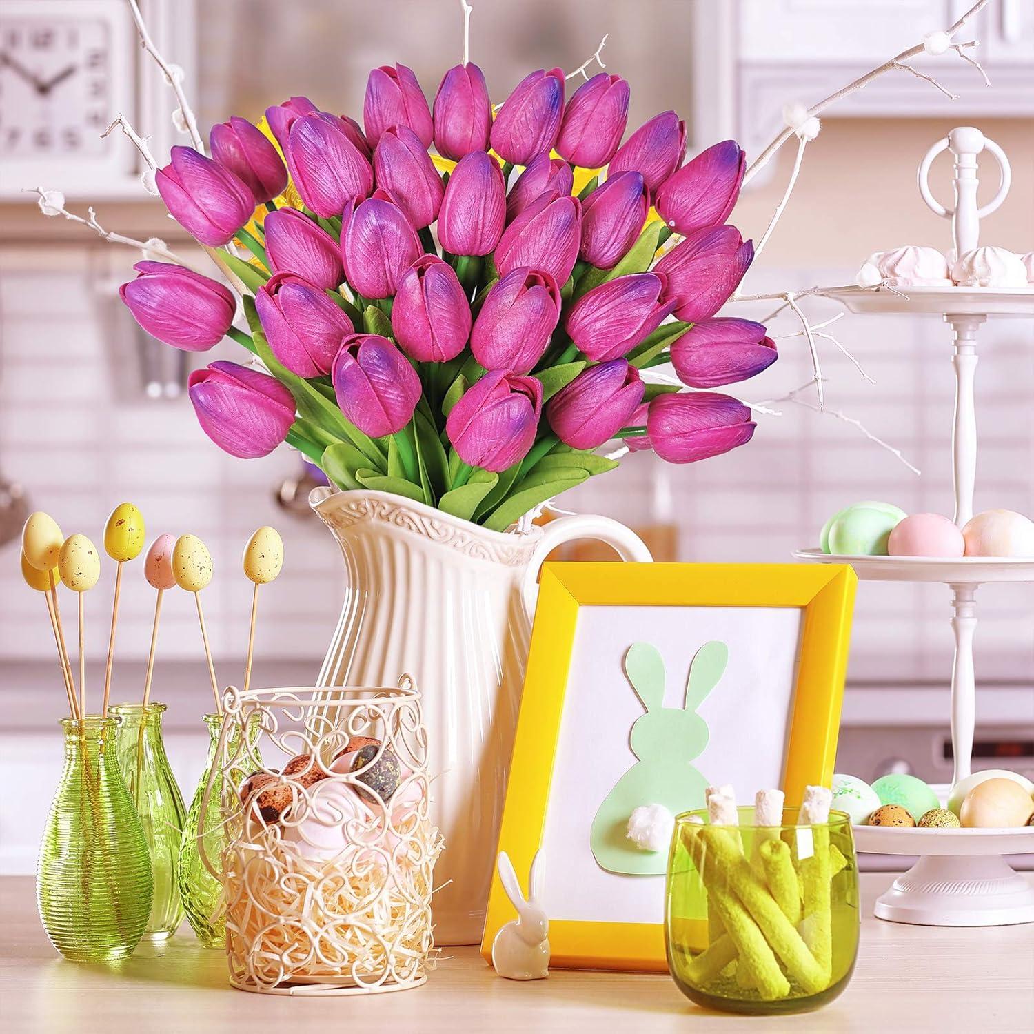 image:imageWinlyn 28 Pcs Multicolor Tulips Artificial Flowers Faux Tulip Stems Real Feel PU Tulips Easter Spring Wedding Bouquet Centerpiece Floral Arrangement Cemetery Table Dcor 14 TallRose Red