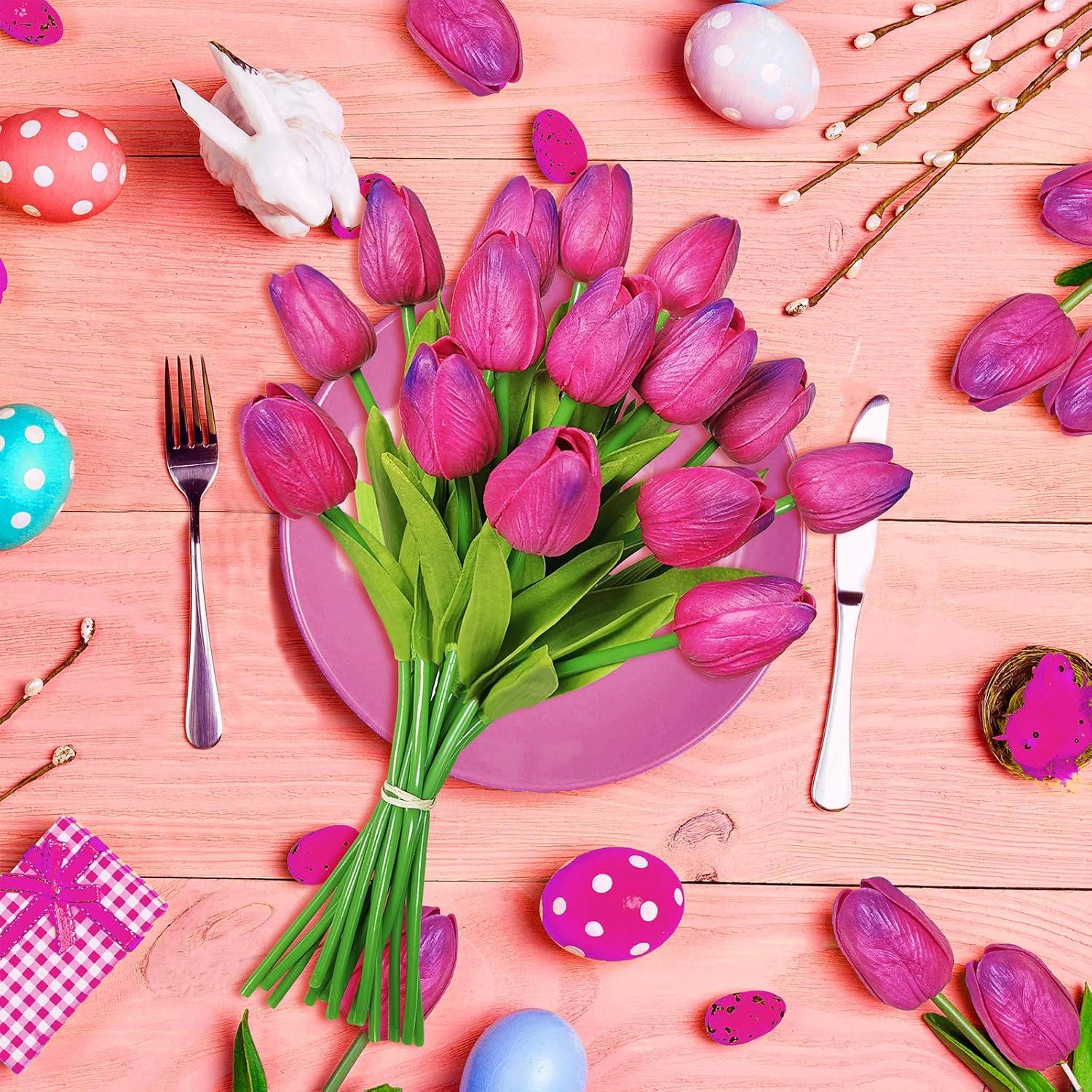 image:imageWinlyn 28 Pcs Multicolor Tulips Artificial Flowers Faux Tulip Stems Real Feel PU Tulips Easter Spring Wedding Bouquet Centerpiece Floral Arrangement Cemetery Table Dcor 14 TallRose Red