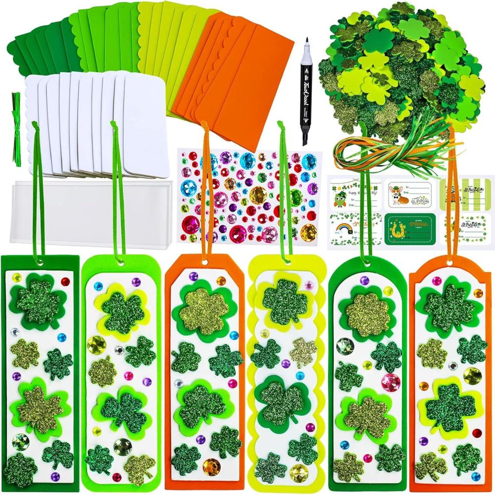 image:imageWinlyn 24 Sets St Patricks Day Decorations DIY 3D Shamrock Bookmark Craft Kits Blank Foam Bookmarks Lucky Shamrock Four Leaf Clover Stickers for Kids Reading Gifts Classroom Activities Art Projects