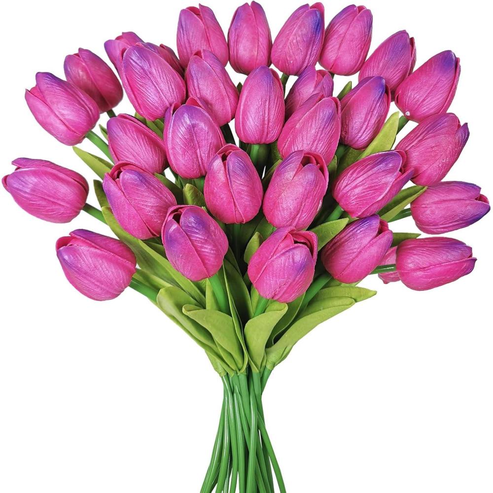 image:imageWinlyn 28 Pcs Multicolor Tulips Artificial Flowers Faux Tulip Stems Real Feel PU Tulips Easter Spring Wedding Bouquet Centerpiece Floral Arrangement Cemetery Table Dcor 14 TallRose Red