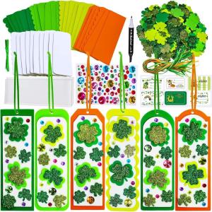 Winlyn 24 Sets St. Patrick’s Day Decorations DIY 3D Shamrock Bookmark Craft Kits Blank Foam Bookmarks Lucky Shamrock Four Leaf Clover Stickers for Kids Reading Gifts Classroom Activities Art Projects