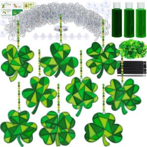 Winlyn 27 Sets St. Patrick’s Day Shamrock Suncatchers Ornaments Decorations DIY Window Paint Art Suncatchers St. Pat’s Craft Kits Lucky Four-Leaf Clover Sun Catchers for Kids Party Classroom Activity