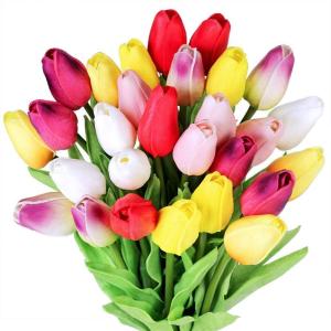 Winlyn 28 Pcs Multicolor Tulips Artificial Flowers Faux Tulip Stems Real Feel PU Tulips Easter Spring Wedding Bouquet Centerpiece Floral Arrangement Cemetery Table Décor 14″ Tall(Multi Color)