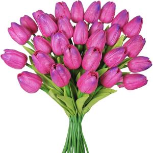 Winlyn 28 Pcs Multicolor Tulips Artificial Flowers Faux Tulip Stems Real Feel PU Tulips Easter Spring Wedding Bouquet Centerpiece Floral Arrangement Cemetery Table Décor 14″ Tall(Rose Red)