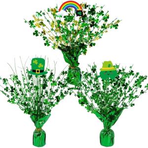 Winlyn 3 Pcs St. Patrick’s Day Shamrock Spray Centerpieces Green Metallic Foil Shamrock Centerpieces Gleam ‘N Burst Centerpieces Balloon Weight Centerpieces for St. Patty’s Day Party Table Decorations(11.8″ in height)