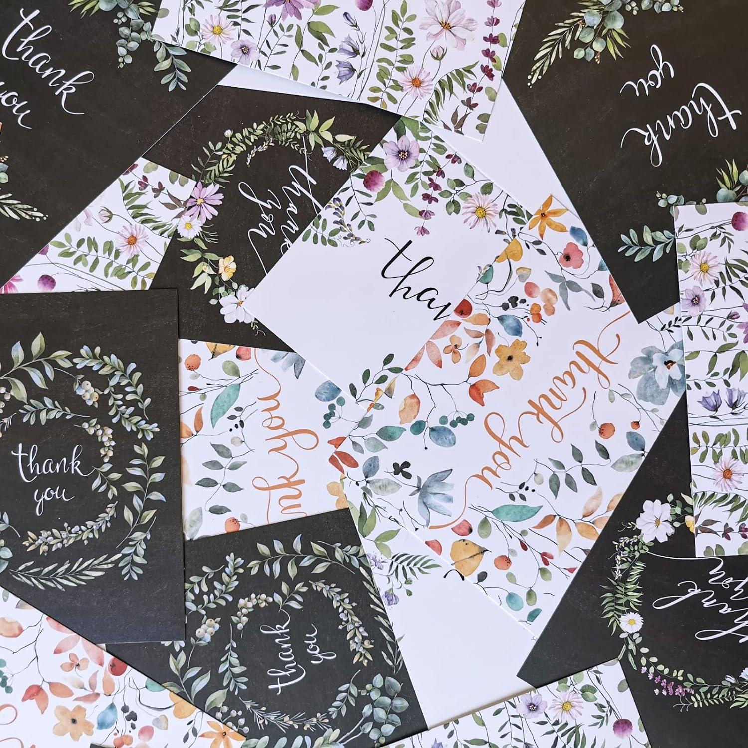 image:imageWinlyn 150 Sets Bulk Blank Thank You Cards with Envelopes Stickers Assortment 6 Design of Chalkboard Floral Watercolor Wildflower Thank You Greeting Cards Note Cards for Wedding Bridal Baby Shower