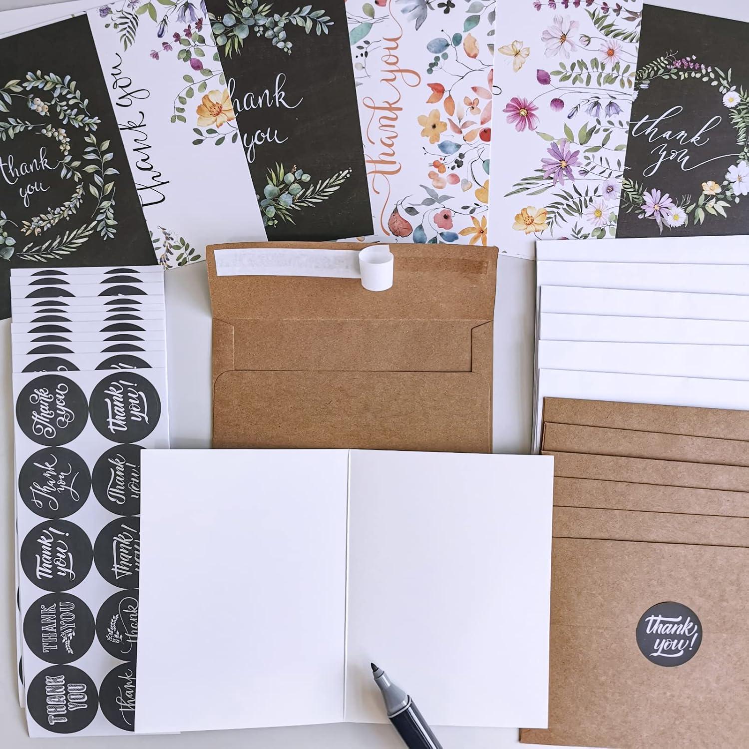 image:imageWinlyn 150 Sets Bulk Blank Thank You Cards with Envelopes Stickers Assortment 6 Design of Chalkboard Floral Watercolor Wildflower Thank You Greeting Cards Note Cards for Wedding Bridal Baby Shower