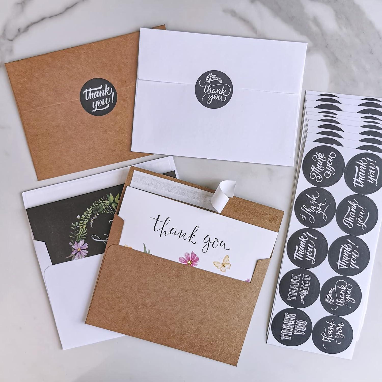 image:imageWinlyn 150 Sets Bulk Blank Thank You Cards with Envelopes Stickers Assortment 6 Design of Chalkboard Floral Watercolor Wildflower Thank You Greeting Cards Note Cards for Wedding Bridal Baby Shower